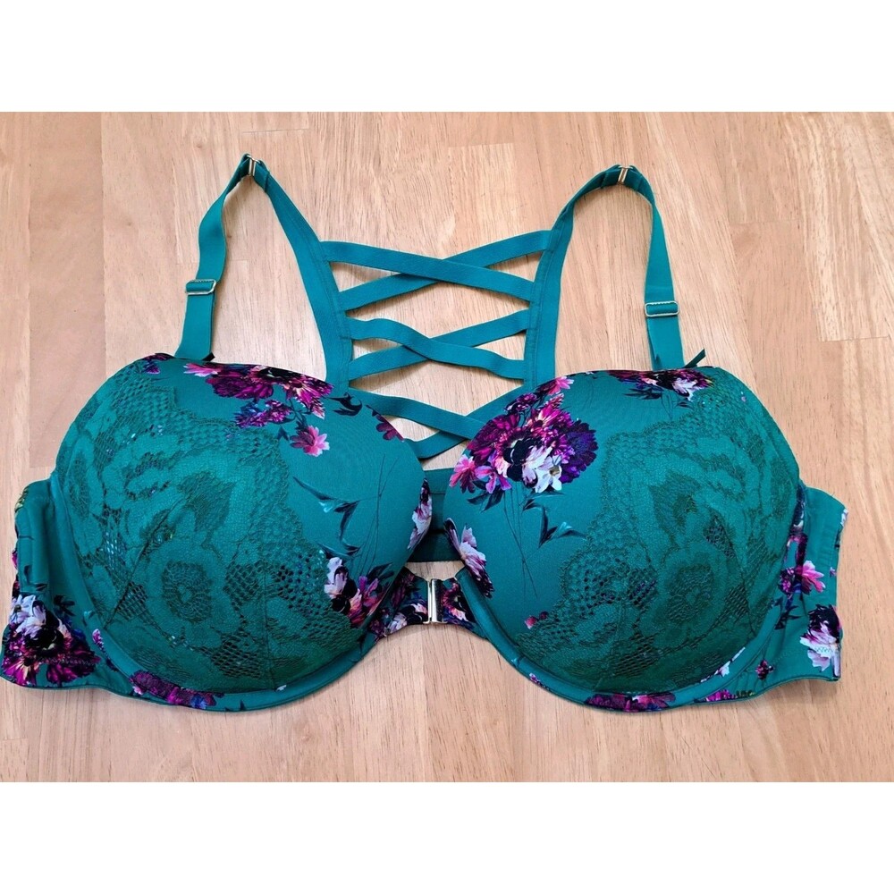 CACIQUE Lane Bryant Boost Plunge Green Floral Lace Racerback Bra, Size 46D